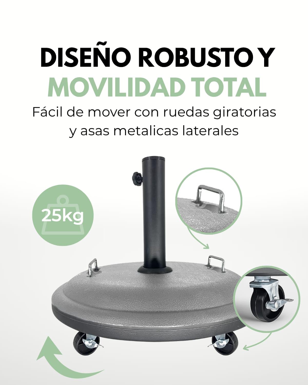 JAMAX Base Sombrilla con Ruedas 25kg Ø50 cm Soporte Parasol Ajustable para Jardín, Terraza o Patio – Base Redonda Resistente con Doble Asa – Uso Exterior e Interior (Gris)