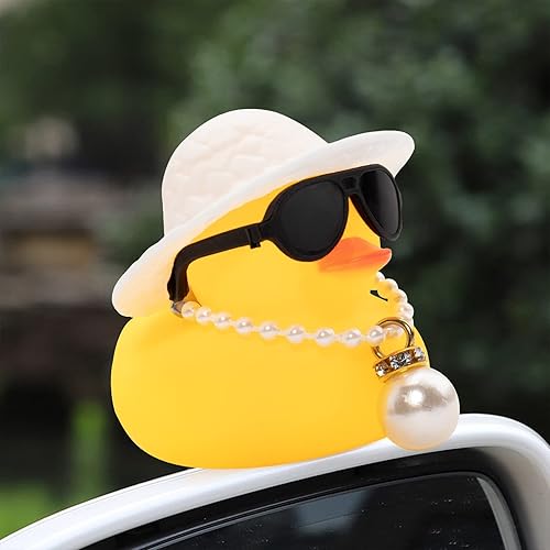 Miniatura 9 de wonuu Pato de goma para automóvil, decoración de pato amarillo con sombrero para el sol, anillo de natación, collar, gafas de sol para decoración de