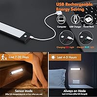 Vista 4 de VST Luz nocturna con sensor de movimiento para interiores de 1100 mAh, funciona con batería, luz debajo del gabinete con instalación de succión