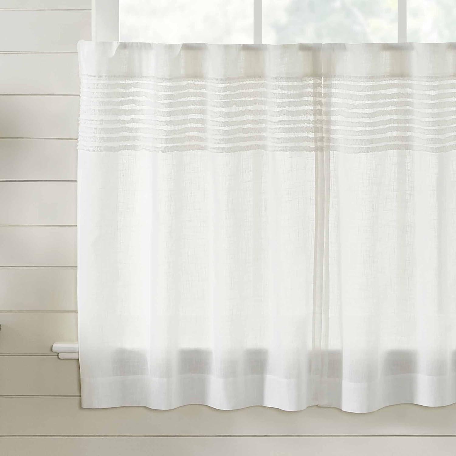 Piper Classics Kathryn Tier Set of 2, 36" Long, Ruffled Curtains in Soft White Cotton Semi-Sheer Fabric, Farmhouse, Cottage, Country Style Sheer Kitchen Cafe Curtains