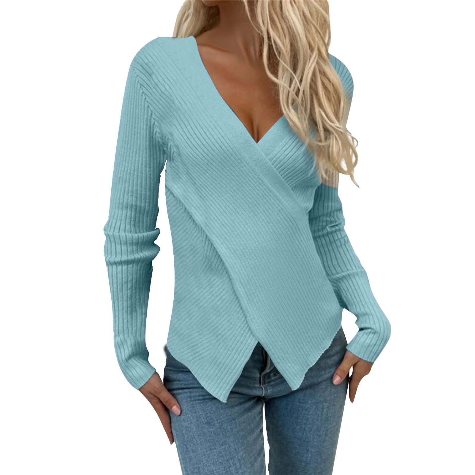 Womens Deep V Neck Criss Cross Front Wrap Sweaters Long Sleeve Fitted Ribbed Knit Sexy Sweater Pullover Tops