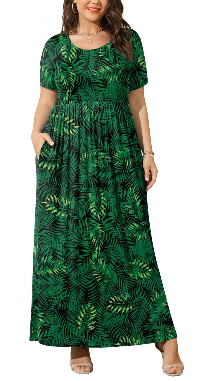 BISHUIGE Plus Size Maxi Dresses for Women Summer Casual Short Sleeve Long Dress with Pockets XL-6XL