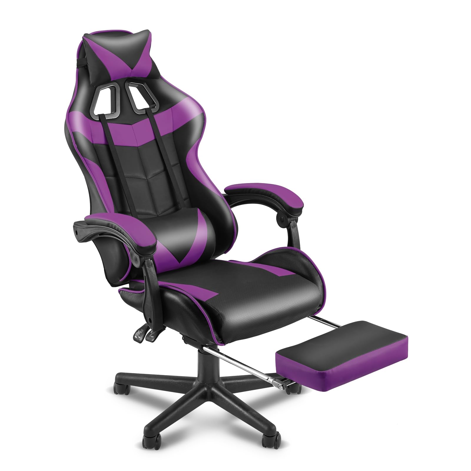 Huracan Gaming-Stuhl Ergonomisch, Gaming Chair PC Stuhl mit Massagefunktion, Atmungsaktiv PU-Leder, Höhenverstellbar Gamer Stuhl, verstellbare Armlehnen, Kopf- und Lendenstütze für Gamer, Lila