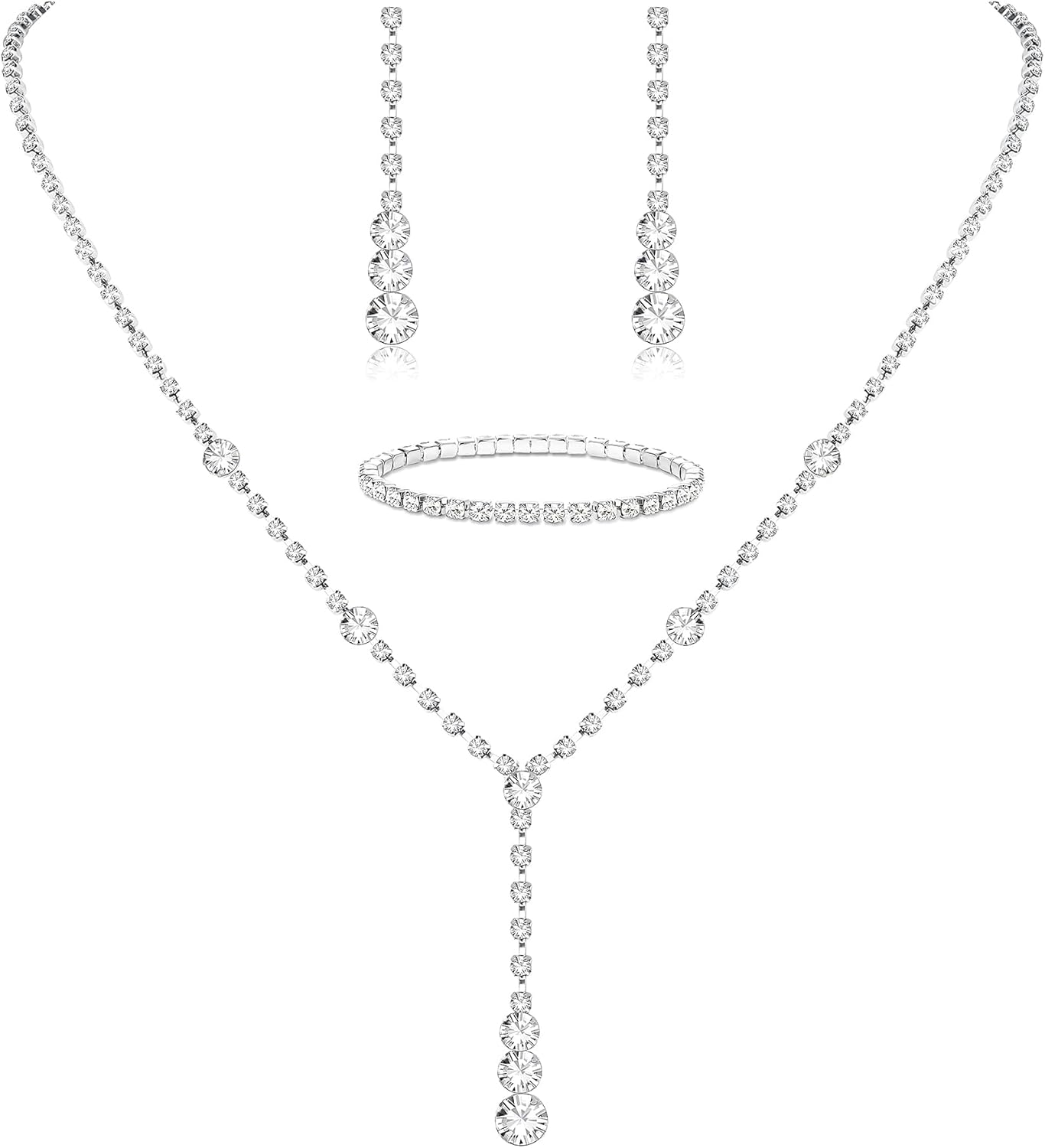 Jstyle Silver Plated Jewelry Set for Women Rhinestone Crystal Necklace Drop Earrings Link Bangle Bracelet Bridal Wedding Jewelry Sets for Brides Bridemaid Prom Costume Accessories