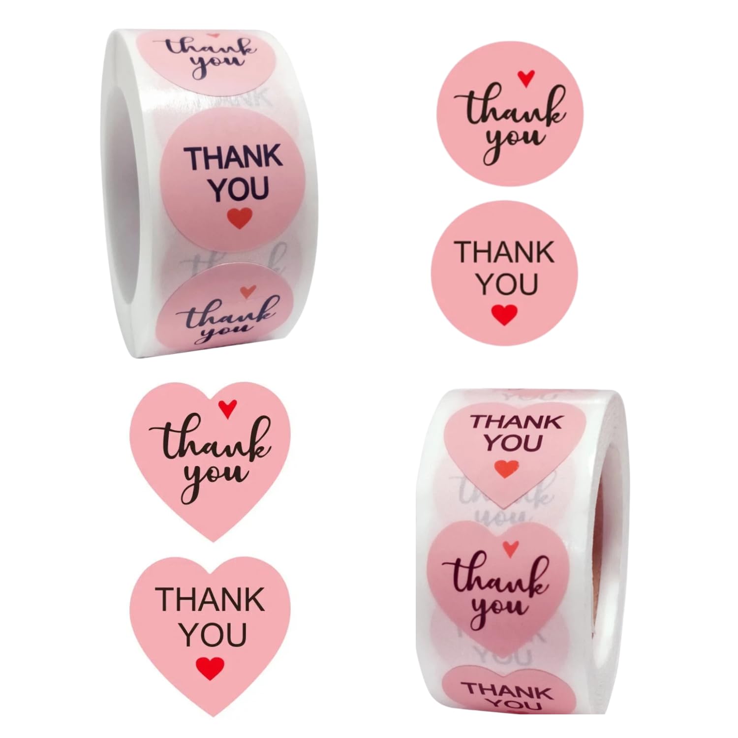 2 Rolls (1000 Total) Pink Thank You Stickers - Round & Heart Shaped Self-Adhesive Labels for Gift Wrapping, Envelopes, Packaging, Wedding Favours, and Small Business Supplies