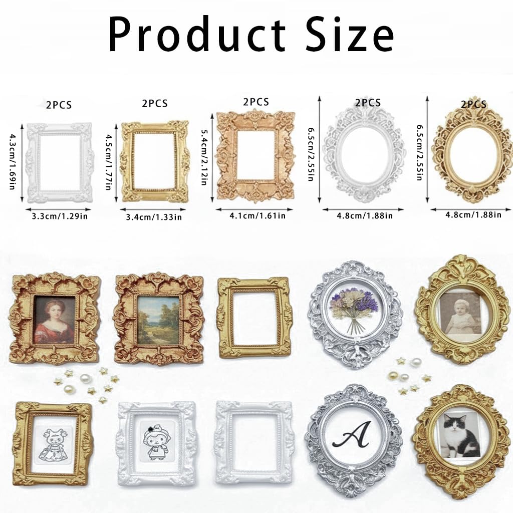 DAQUN 10 Pcs Mini Photo Frame Set, 5 Different Vintage Designs, Mixed Metal Finish for Dollhouse & Creative Projects - Image 2