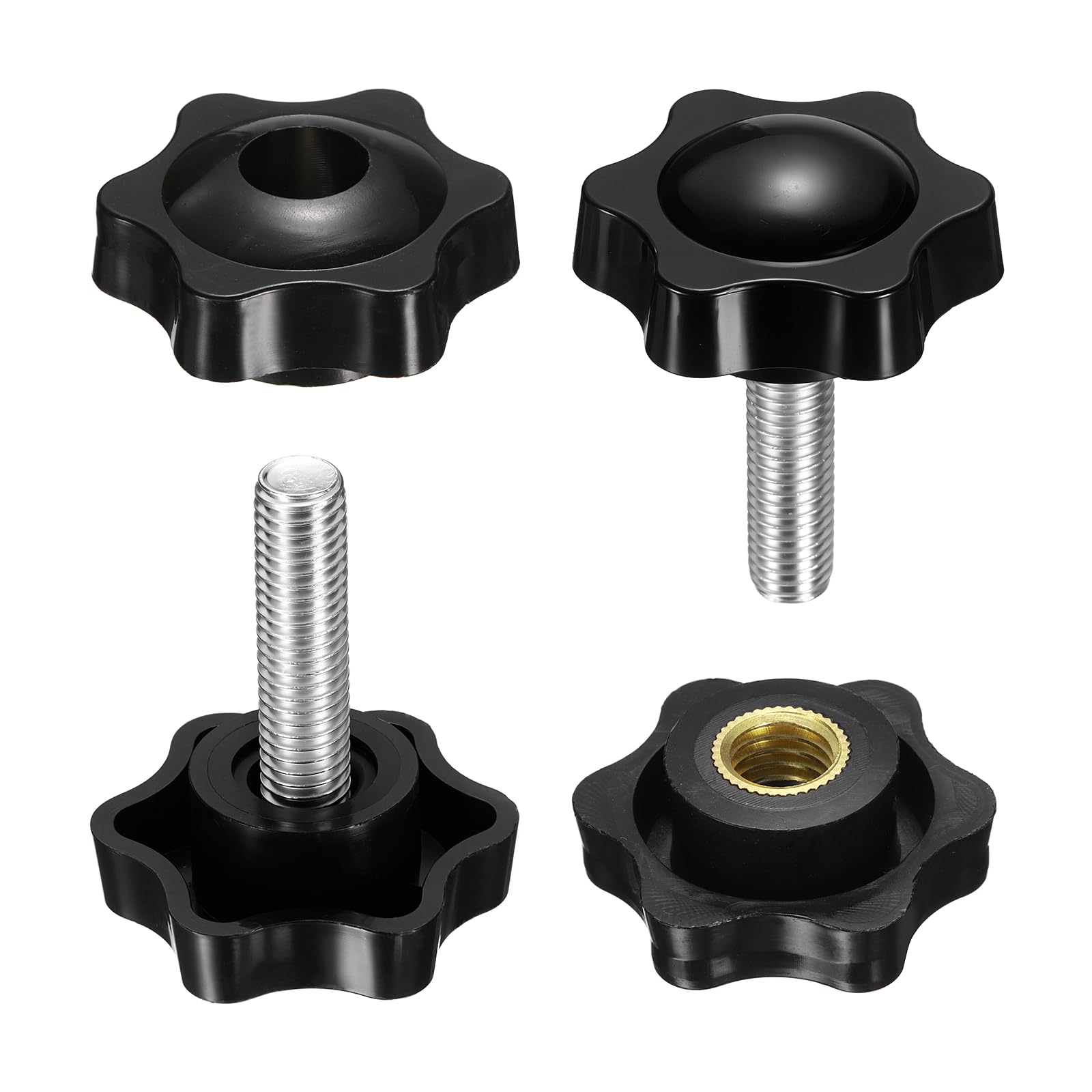 sourcing map 2 Set Star Knobs M8 x 25mm Male + M8 Female Thread 38mm Head Metric 6-Star Threaded Stud Clamping Handles Screw in Through Hole Hand Jig Knob Thumb Screws, Black