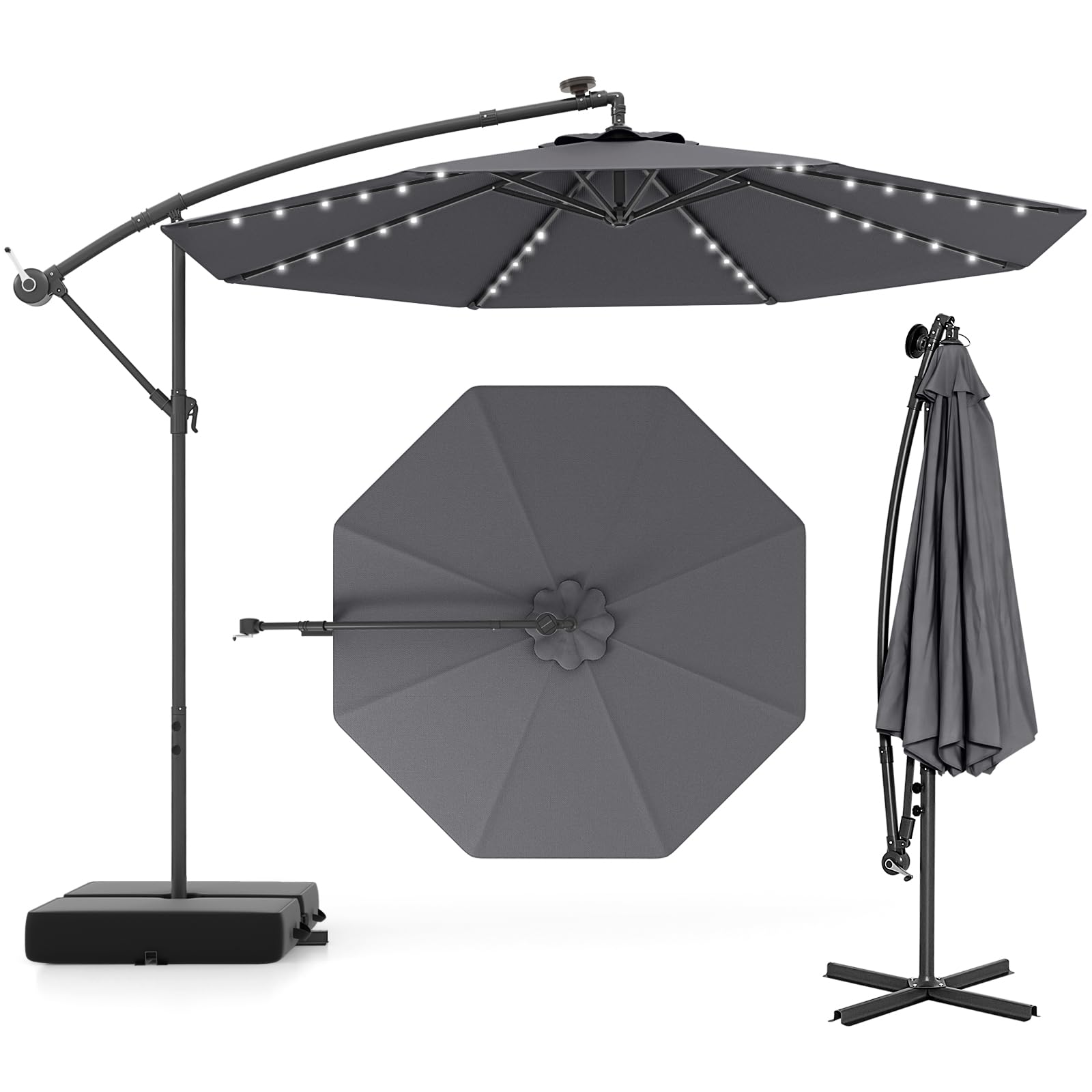 HAPPYGRILL 10FT Solar LED Cantilever Patio Umbrella, Hanging Offset Umbrella with Sand Bags, Easy Tilt Adjustment and 8 Ribs, Outdoor Market Umbrella for Backyard, Deck and Poolside, Gray