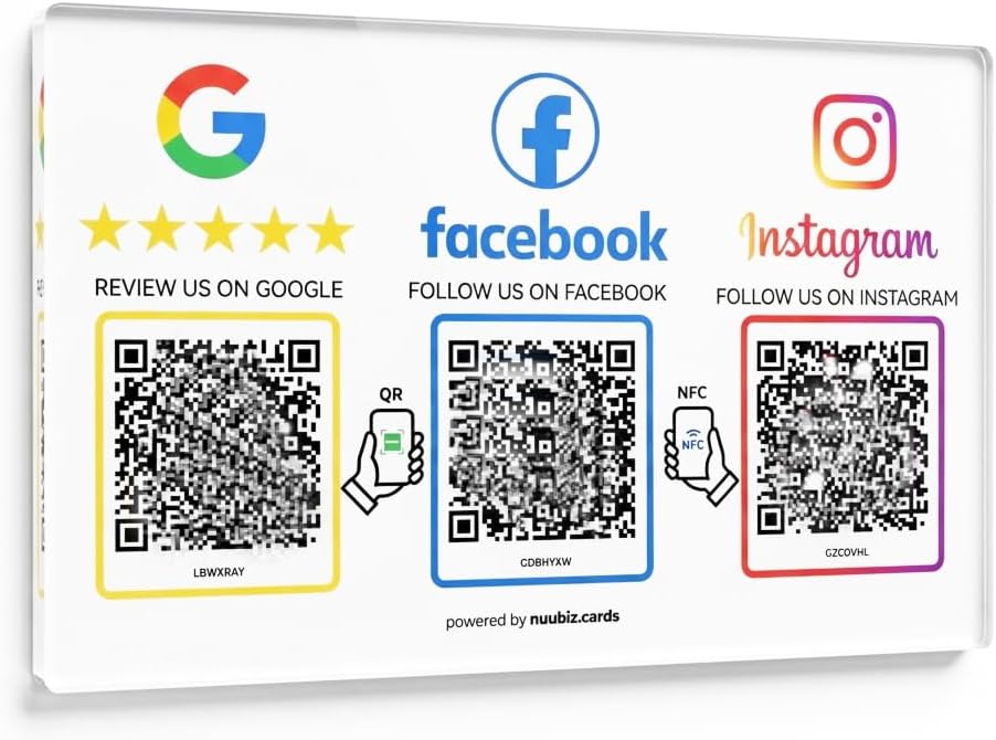 Review Stand & Follow Us on Social Media Sign for Instagram & Facebook, NFC Tap & QR Code Acrylic Display to Review & Follow, Easy Setup, Smartphone Compatible, No App, No Fees