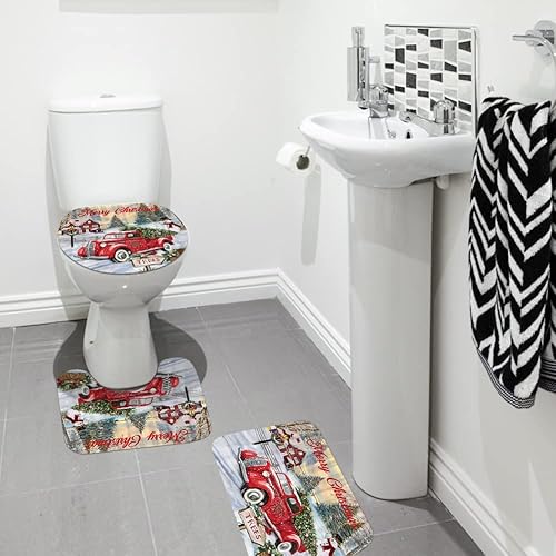 Miniatura 7 de Juego de cortinas de ducha con texto en inglés "Merry Christmas", 4 piezas, camión rojo con tela de muñeco de nieve, cortina de ducha antideslizante