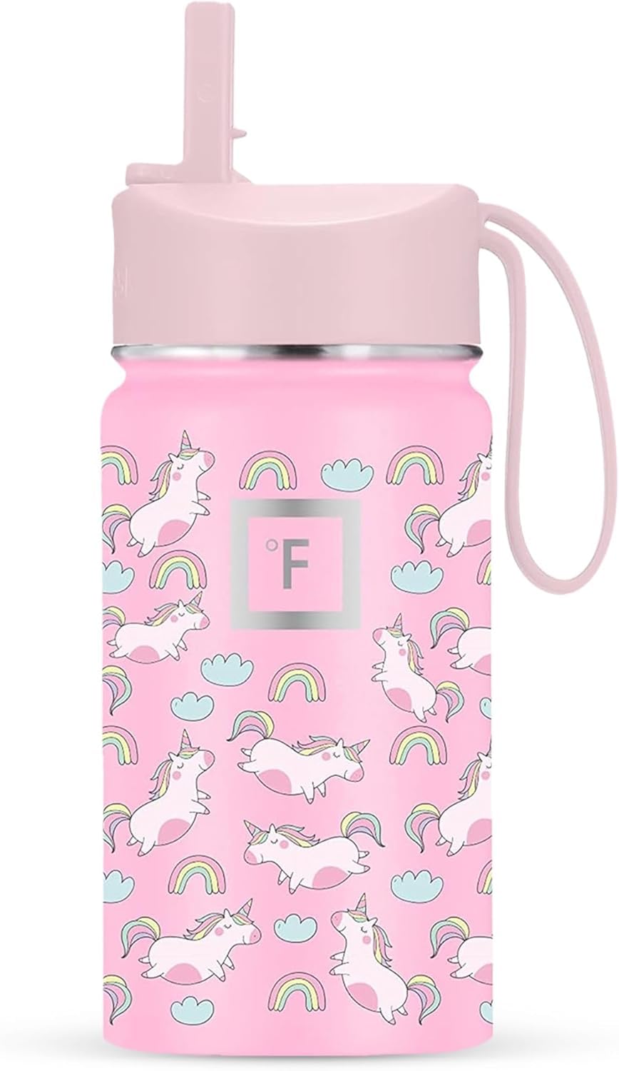 IRON °FLASK Kids Water Bottle - Straw Lid, 20 Name Stickers, Vacuum Insulated Stainless Steel, Double Walled Tumbler Travel Cup, Mug - Stardust Unicorns, 14 Oz