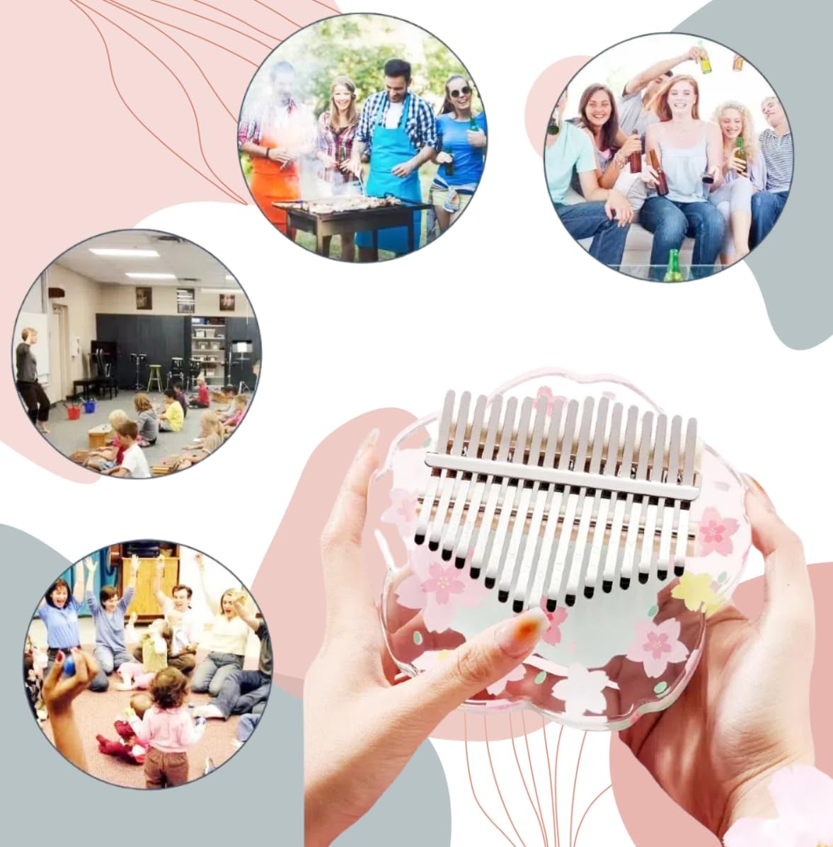 Kalimba Daumenklavier 21 Töne mit Schutzcase Komplett-Set, Sakura-Form Transparentes Kristall-Kalimba 17 Töne, Professionelles Musikinstrument für Anfänger (Rosa, L)