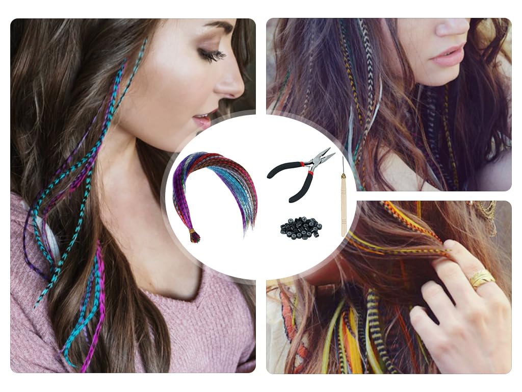 Federhaarverlängerungs-Set,50 Stück Feder Extensions Strähnchen Bunt,Bunte Haarverlängerungs Set mit 100 Silikonring,Zange und Häkchen,Haarschmuck für Barparty,Halloween,Cosplay