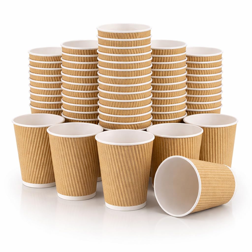 EcoWise 12oz Ripple Wall Disposable Coffee Cups – Pack of 50, Brown Kraft Paper Hot Beverage Cups, Eco-Friendly Recyclable Paper-Takeaway Coffee Cup for Cafes, Office & Catering