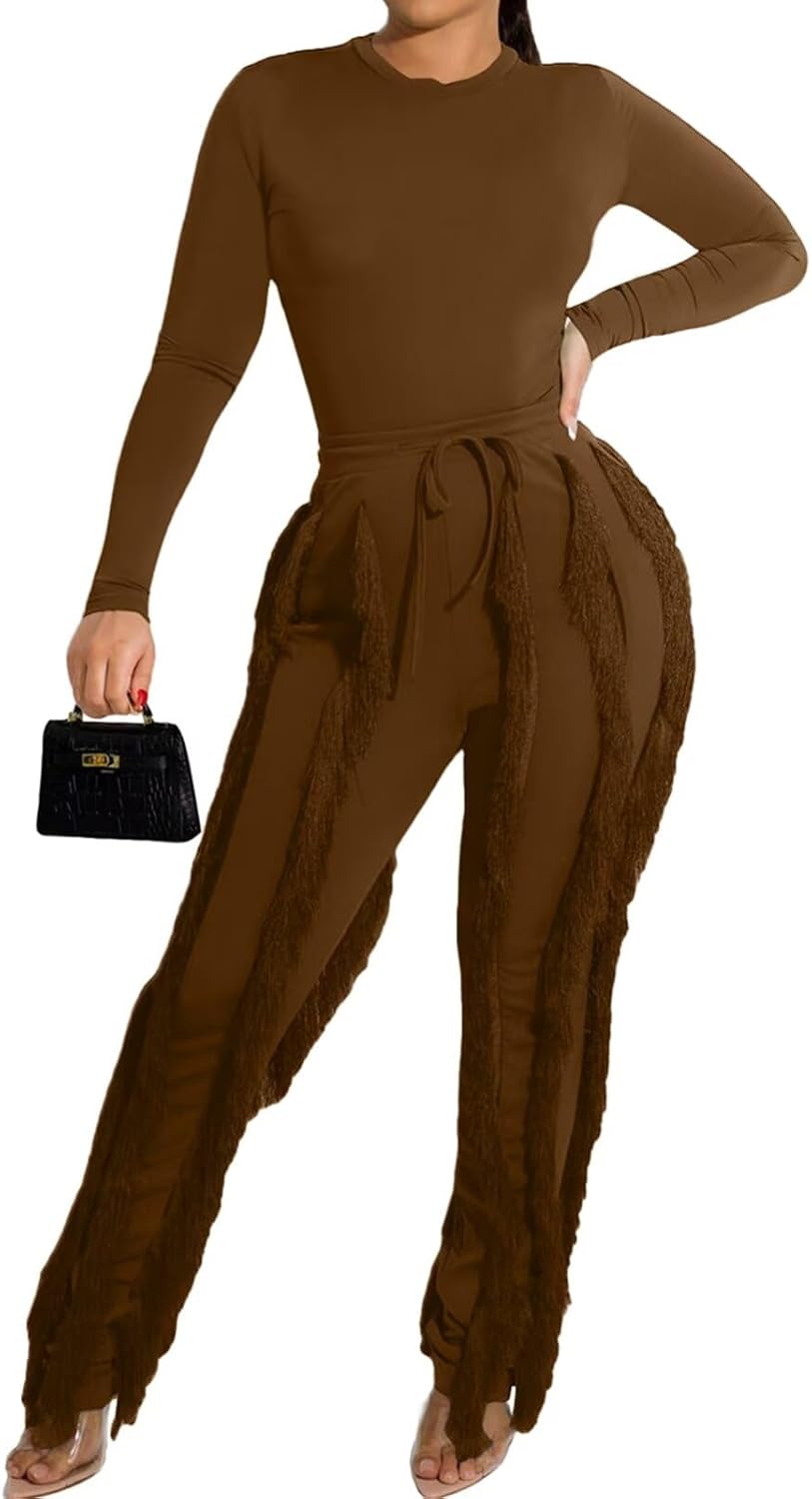 EDITCOZY Women Sexy Two Piece Outfits Fringe Pants Set Long Sleeve Club 2 Piece Going Out Birthday Party Night
