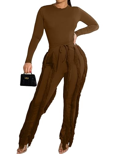 EDITCOZY Women Sexy Two Piece Outfits Fringe Pants Set Long