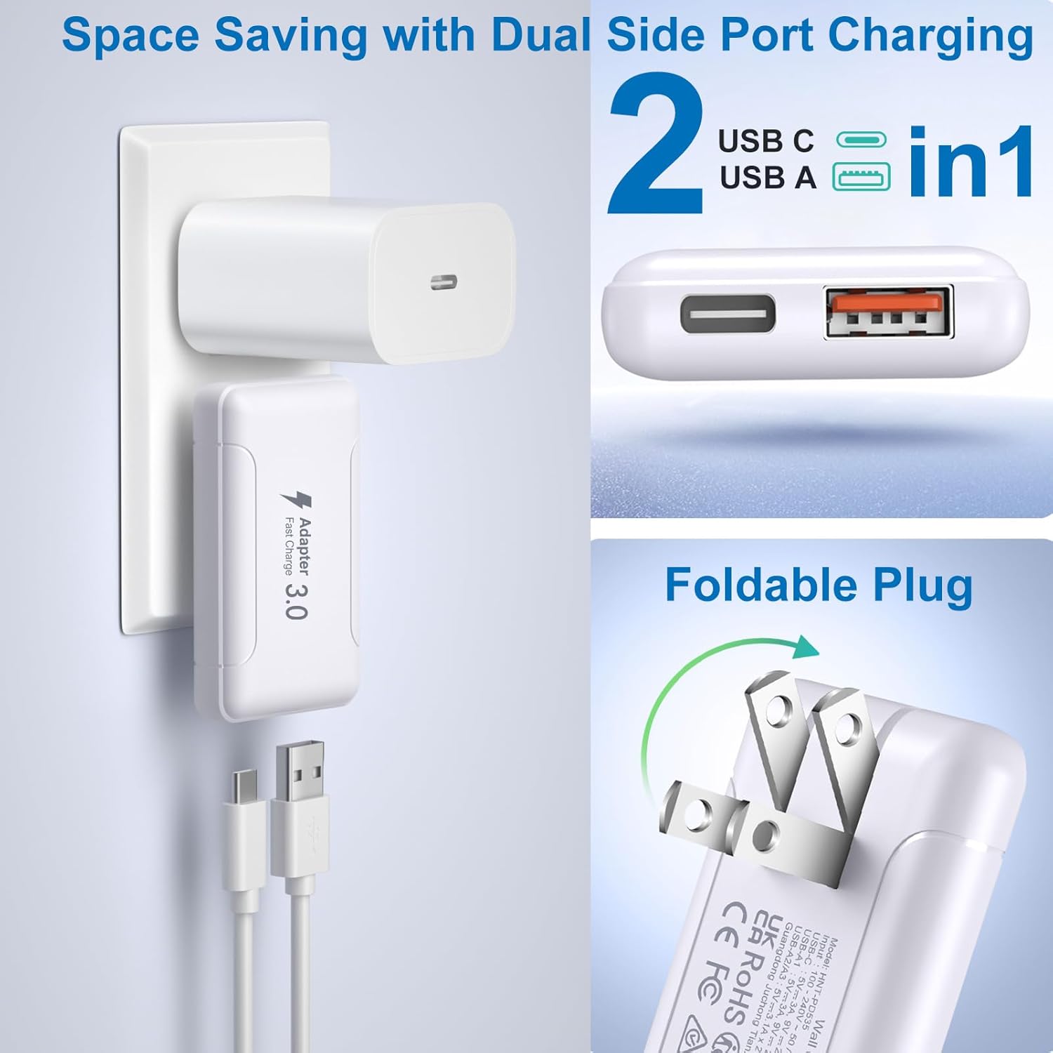 Slim Flat USB C Wall Charger, Costyle 2 Pack 50W USB A & USB C Charger Block Quick Fast Charge 3.0 Charging Block Brick with Foldable Plug Adapter for iPhone 17 16 15 14 13 12 Pro Max Pad Air(White) - Image 5