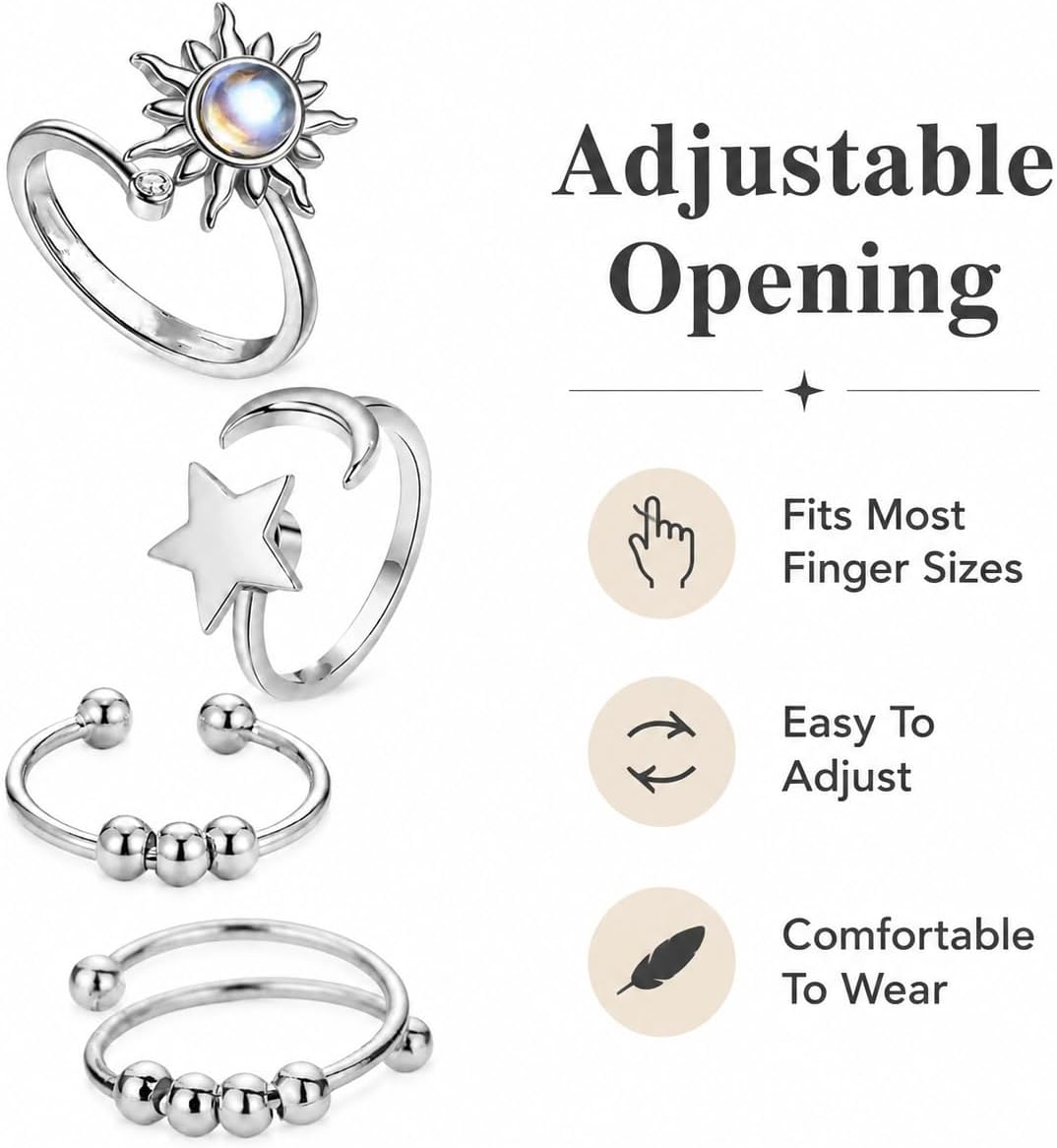 4PCS Fidget Anxiety Rings for Women/Men Stress Relief Spinner Ring Adjustable Copper Mood Ring Flower Star Beaded Thumb Rings Jewelry Gifts