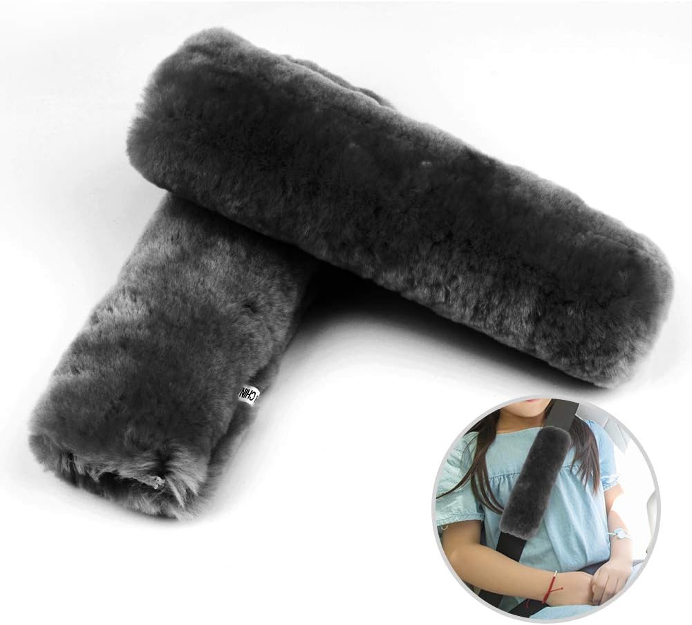 Gelrova Authentic Sheepskin Auto Seat Belt Cover Shoulder Seatbelt Pad for Adults Youth Kids Car,Truck,SUV,Airplane,Carmera Backpack Straps-Genuine High Density Soft Australian Wool(Black,2 pack)