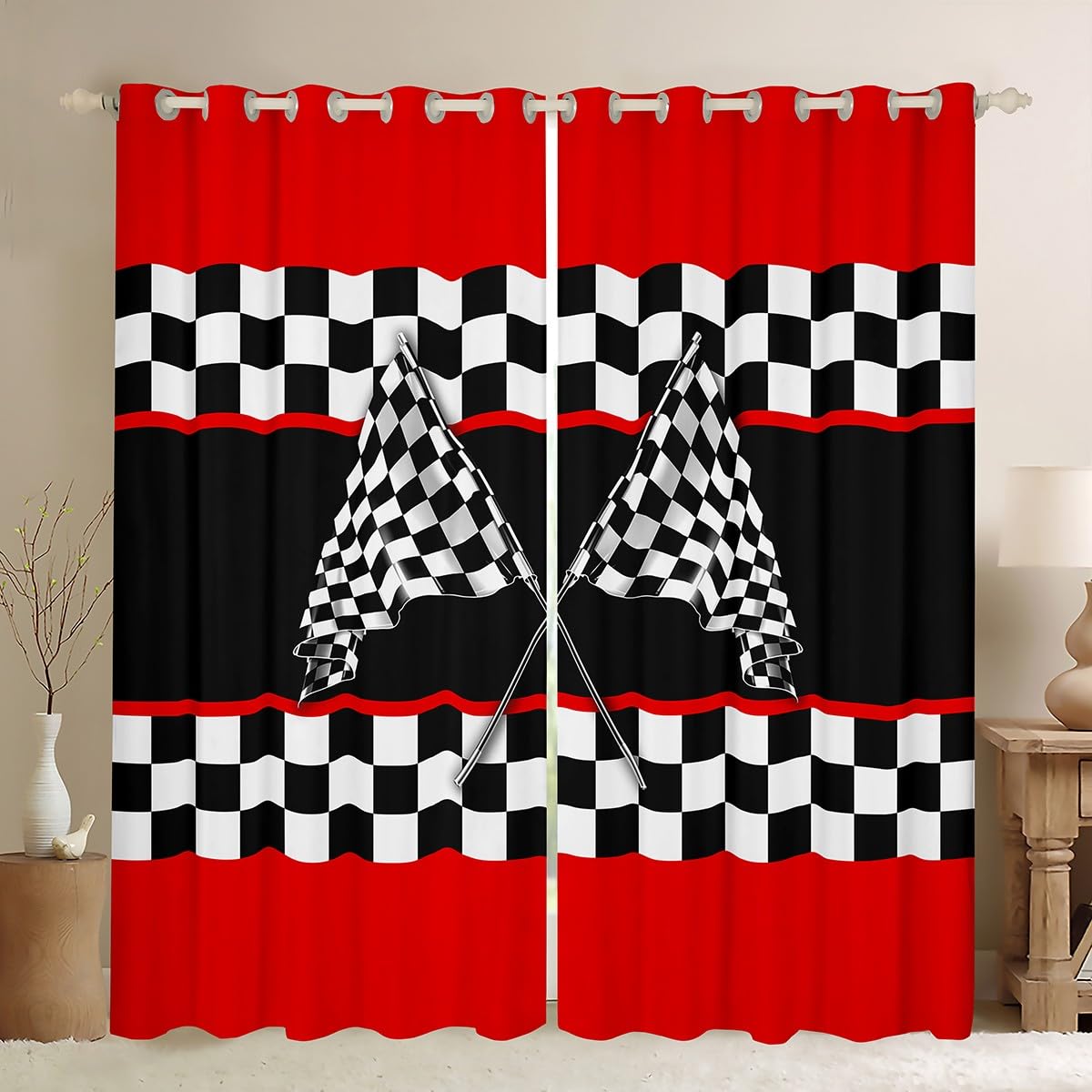 richhome Boys Girls Racing Car Blackout Shades Race Checkered Sport Window Curtains Kids Race Track Window Drapes Teens Bedroom Decor (2 Panels