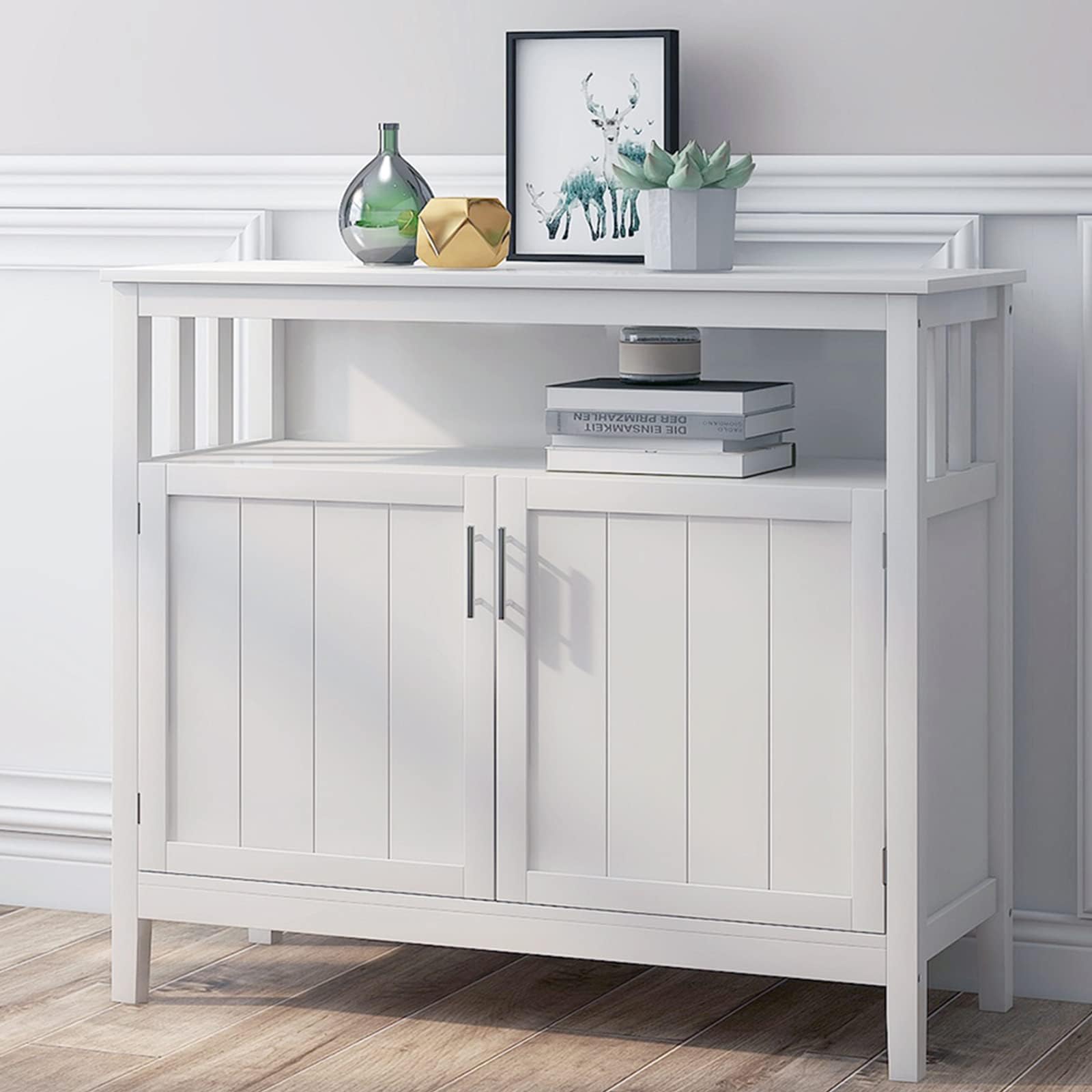 RASOO Buffet Cabinet White Kitchen Sideboard Buffet Storage Server Cupboard Cabinet Console Table with 2 Doors and Adjustable Shelf