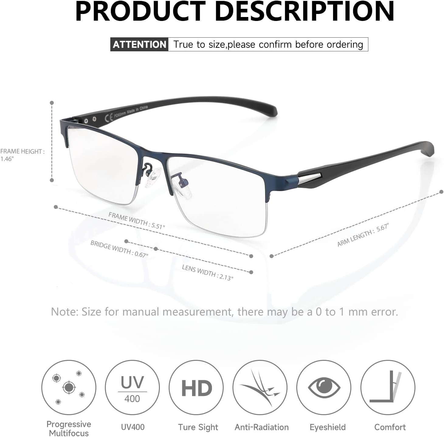 SKYOAK 2 Pack Mens Premium Progressive Multifocus Reading Glasses, TR90 Temples Blue Light Blocking Anti UV/Eye Strain Computer Readers No-Line Half Frame Multifocal Eyeglasses, Blue and Brown 3.0x - Image 6