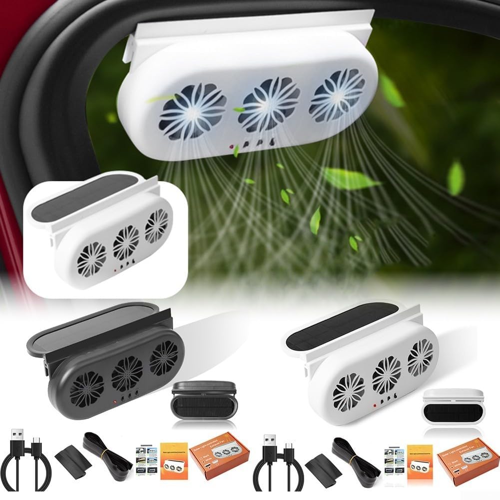 Ventilador extractor de aire para coche alimentado por energía solar Ventilación de triple cabezal USB y carga de 12 V 23 × 11.3 × 5.2 cm para refrigeración del vehículo (blanco)