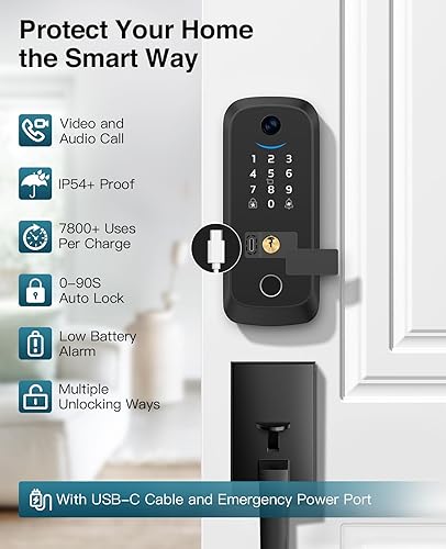 Miniatura 3 de Cerradura inteligente de video con cámara, entrada de batería de litio recargable incorporada, cerradura de puerta sin llave, control de aplicación,