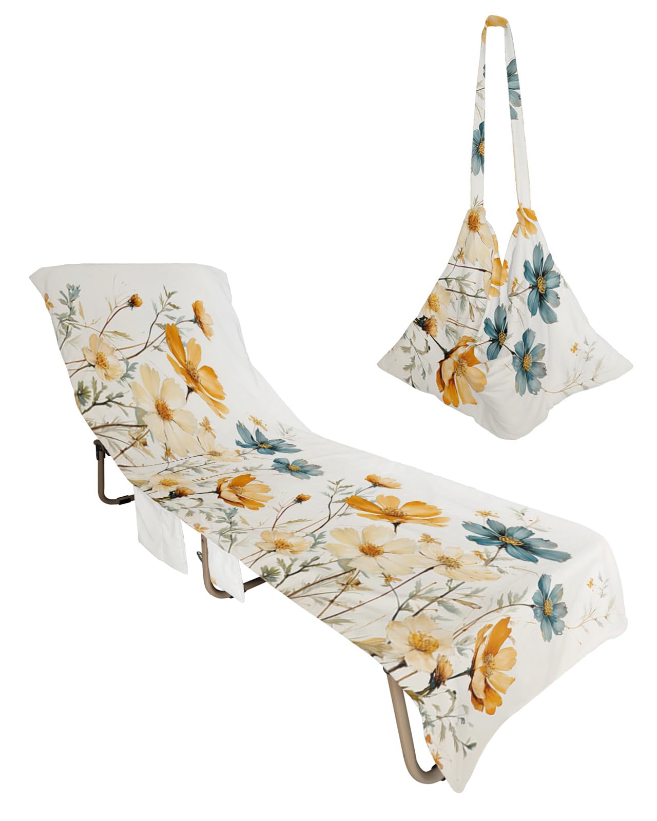 Yellow Blue Spring Floral Beach Lounge Chair Towel Cover, Soft Chaise Lounge Towel with Side Pockets Patio Pool Chairs Cover for Beach/Pool Sunbathing 29x85 Watercolor Summer Botanical