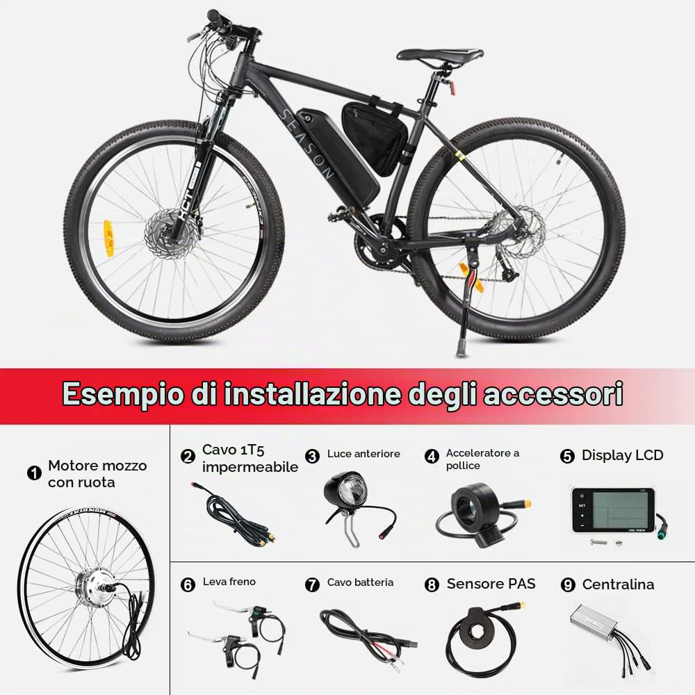 Season 250W Kit Conversione Bici Elettrica 36V Ruota Anteriore da 20/24/ 26/28/ 700c Pollici Set Motore con LCD Sensore di Assistenza Pedalata