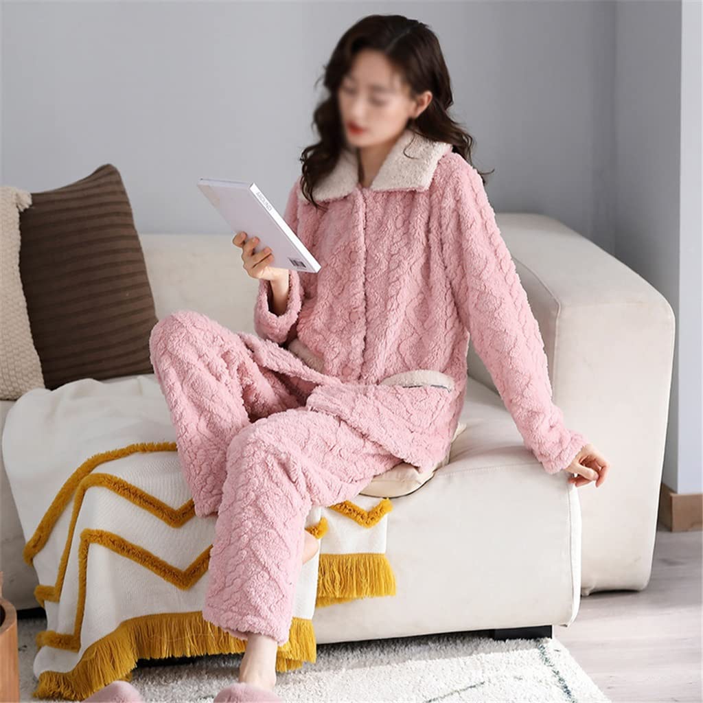 Flanell-Pyjama-Set für Damen, dick, warm, süß, süß, Herbst, Winter, langärmelig, Nachtwäsche, Anzug, Homewear (Color : Pink, Size : XL Code)