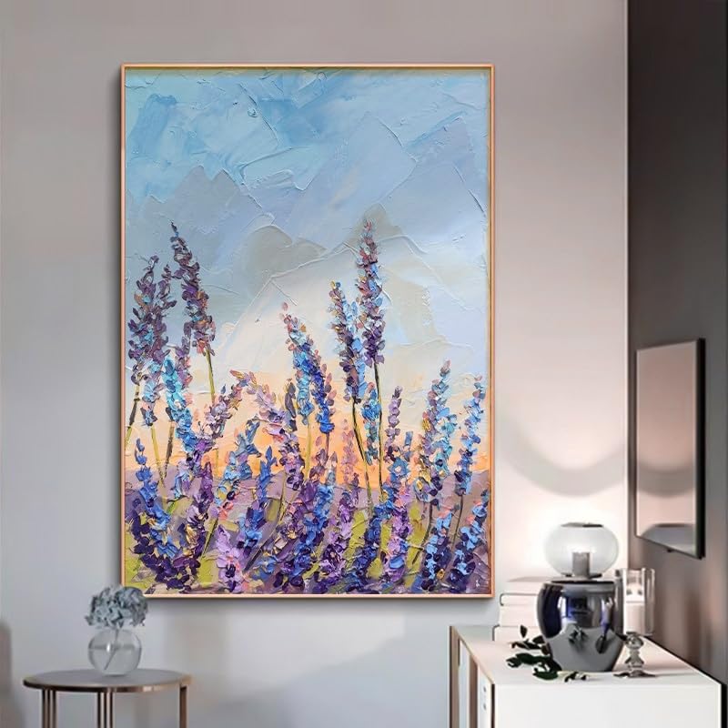 Tableau Abstrait Moderne de lavande peint à la main toile verticale luxe