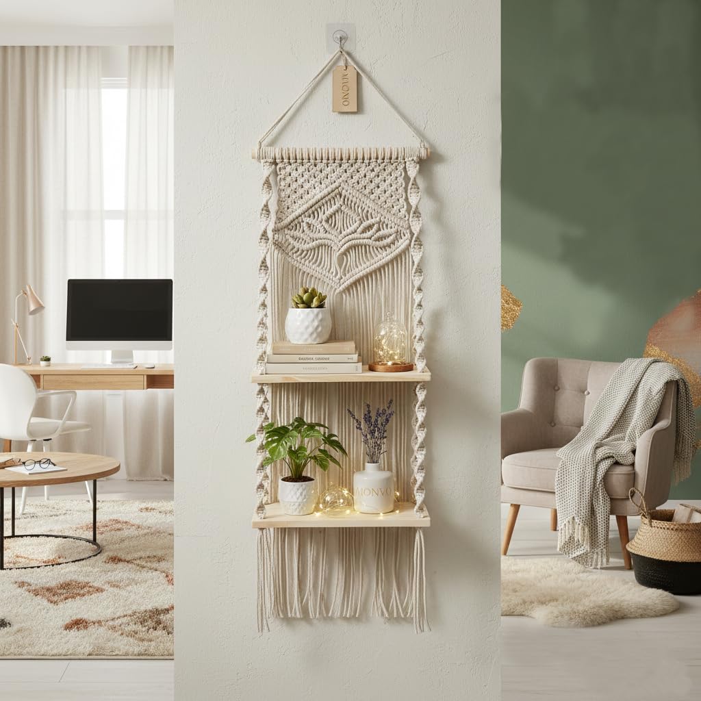 2-Tier Macrame Wall Hanging Shelf | Boho Decor Floating Wood Shelf with Adhesive Wall Hook | Handmade Cotton Rope Plant Holder for Bedroom, Living Room, Nursery-image-43