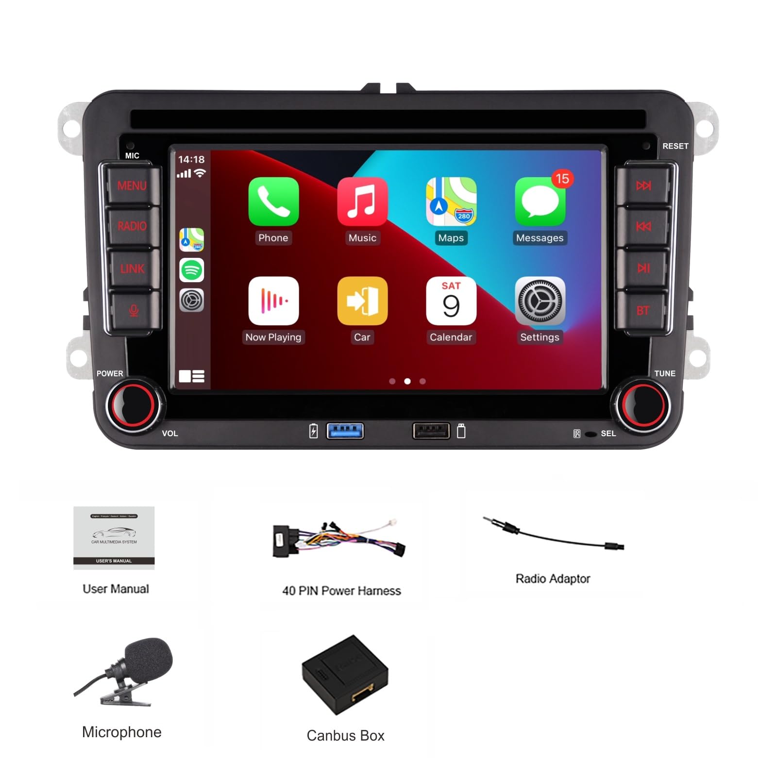 VW Autoradio mit 7 Zoll Bildschirm Kompatibel mit Wireless CarPlay & Android Auto für VW Golf 5/6, Passat, Polo, Jetta, Caddy, EOS, T5, Tiguan, Touran, CC, Bluetooth/FM/AM-Radio/USB/EQ