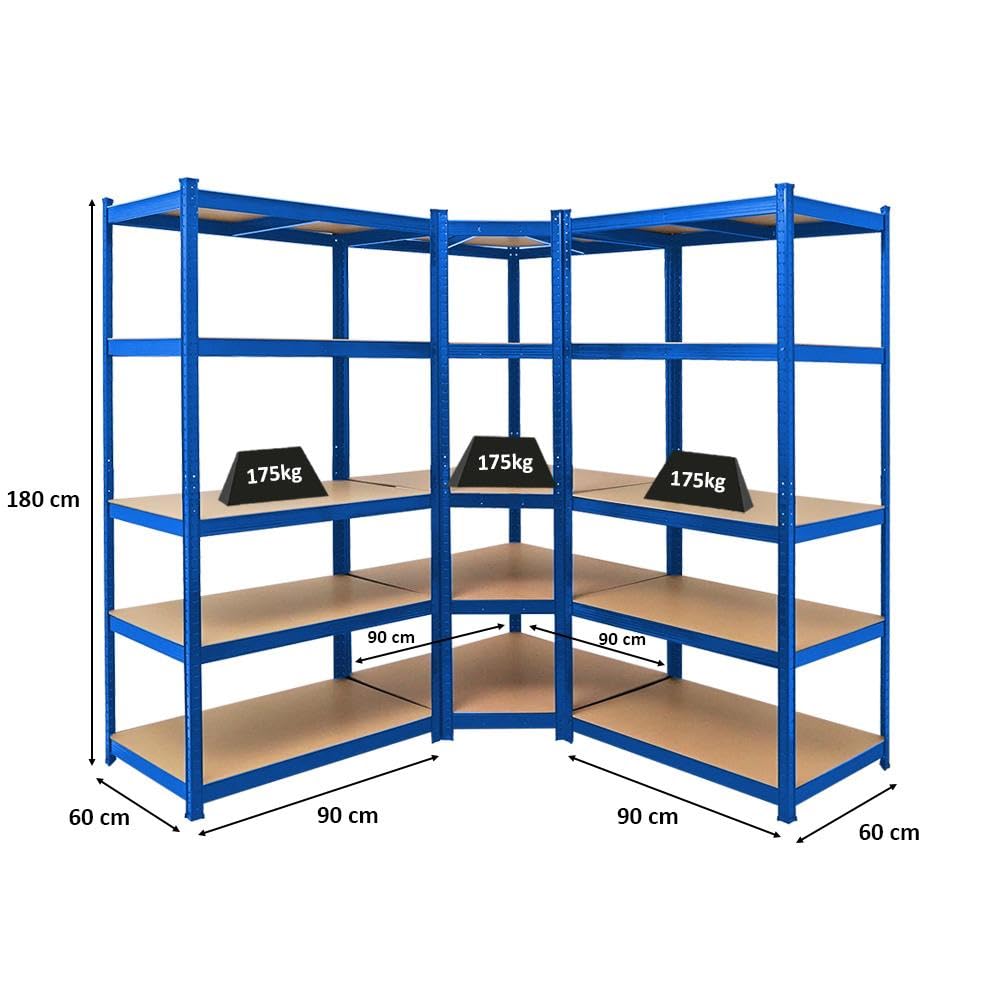 PROREGAL Mega Deal Eckregal Ragnar 1x: 180x90x60cm | Taurus 2X: 180x90x60cm Blau Fachlast 175kg, Kellerregal, Steckregal, Garagenregal, Lagerregal