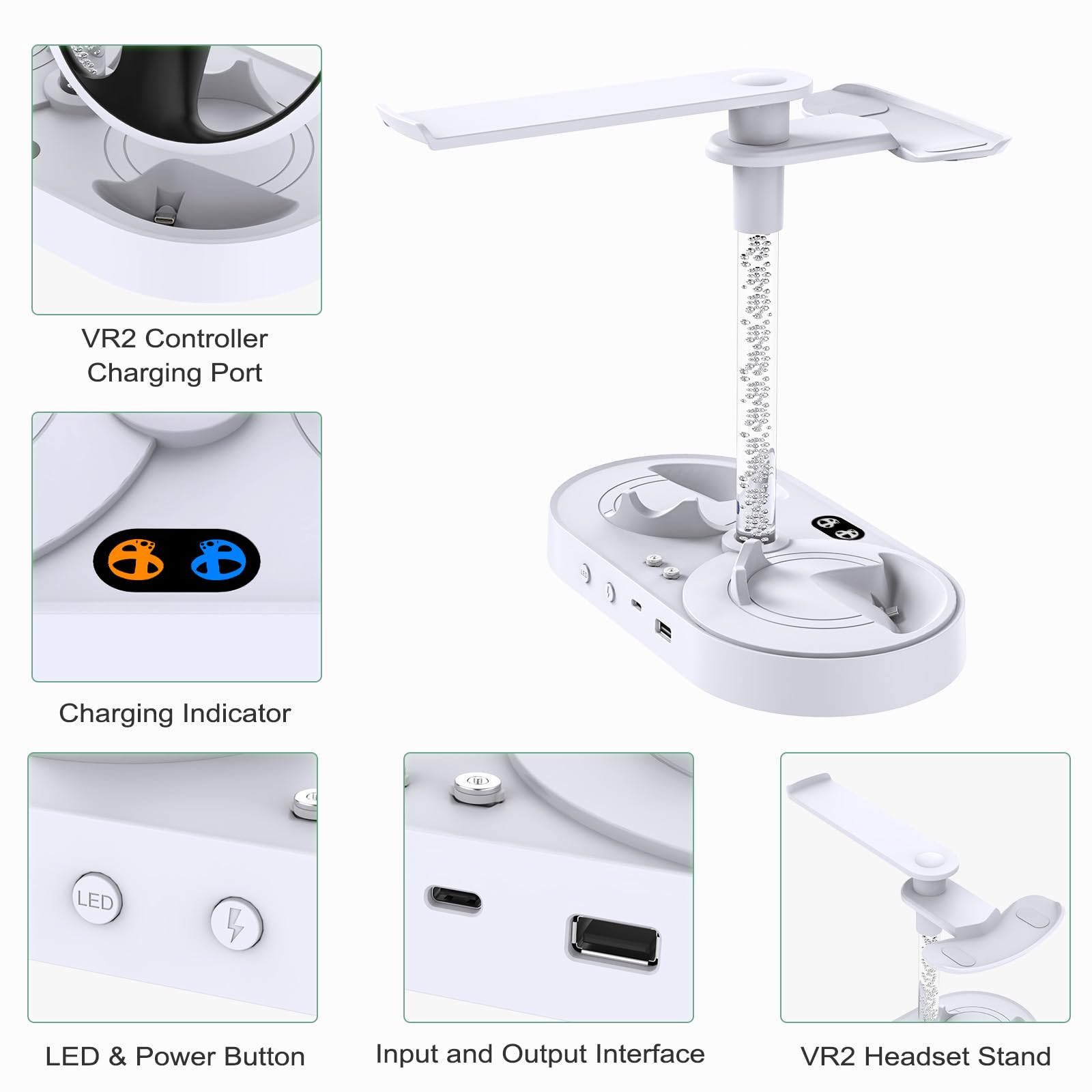 FASTSNAIL Station de Charge pour PS VR2 avec Mémoire de 10 Modes RGB | Charge Magnétique Double, Indicateur de Charge Séparé, Rangement pour Écouteurs et Casque