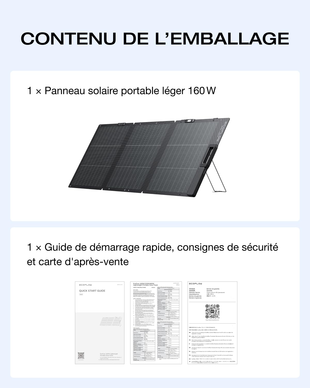 Panneau solaire portable EcoFlow 160 W, conception bifaciale avec cellules de type N, rendement jusqu'à 25%. Support réglable, guide d'angle intégré, câble XT60 inclus et protection IP68.