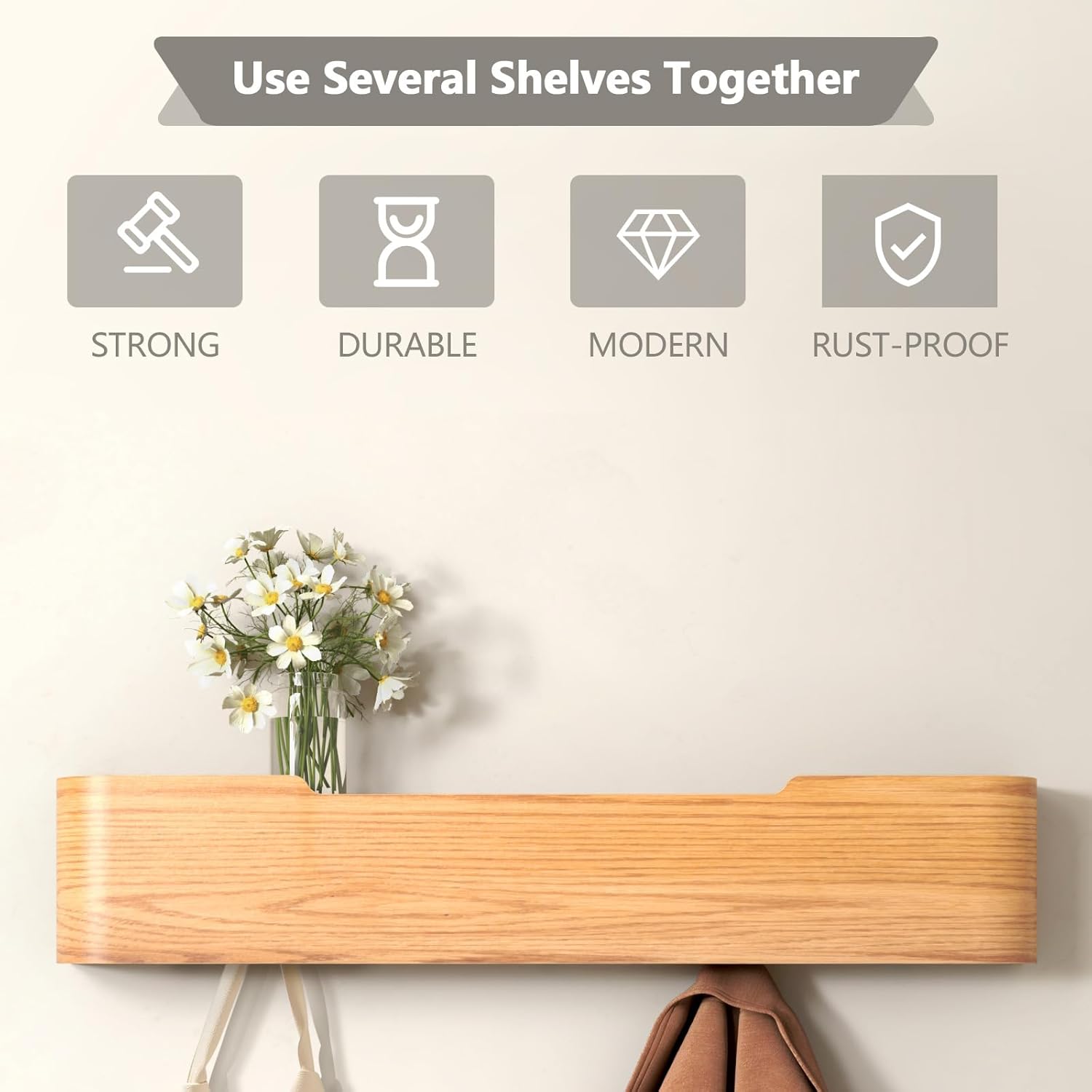 Wall Mounted Coat Rack with Shelf, Wooden Entryway Organizer with Hidden Metal Hooks for Hanging Coats Bags Keys, Modern Floating Shelf for Hallway Bathroom