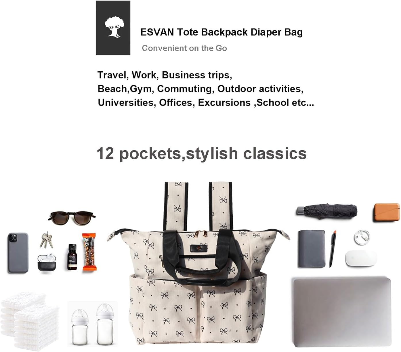 ESVAN Diaper Tote Bag Totepack Backpack 2 in 1 for Women Multifunctional Large Capacity with Insulated Pockets Travel | Multifunctional