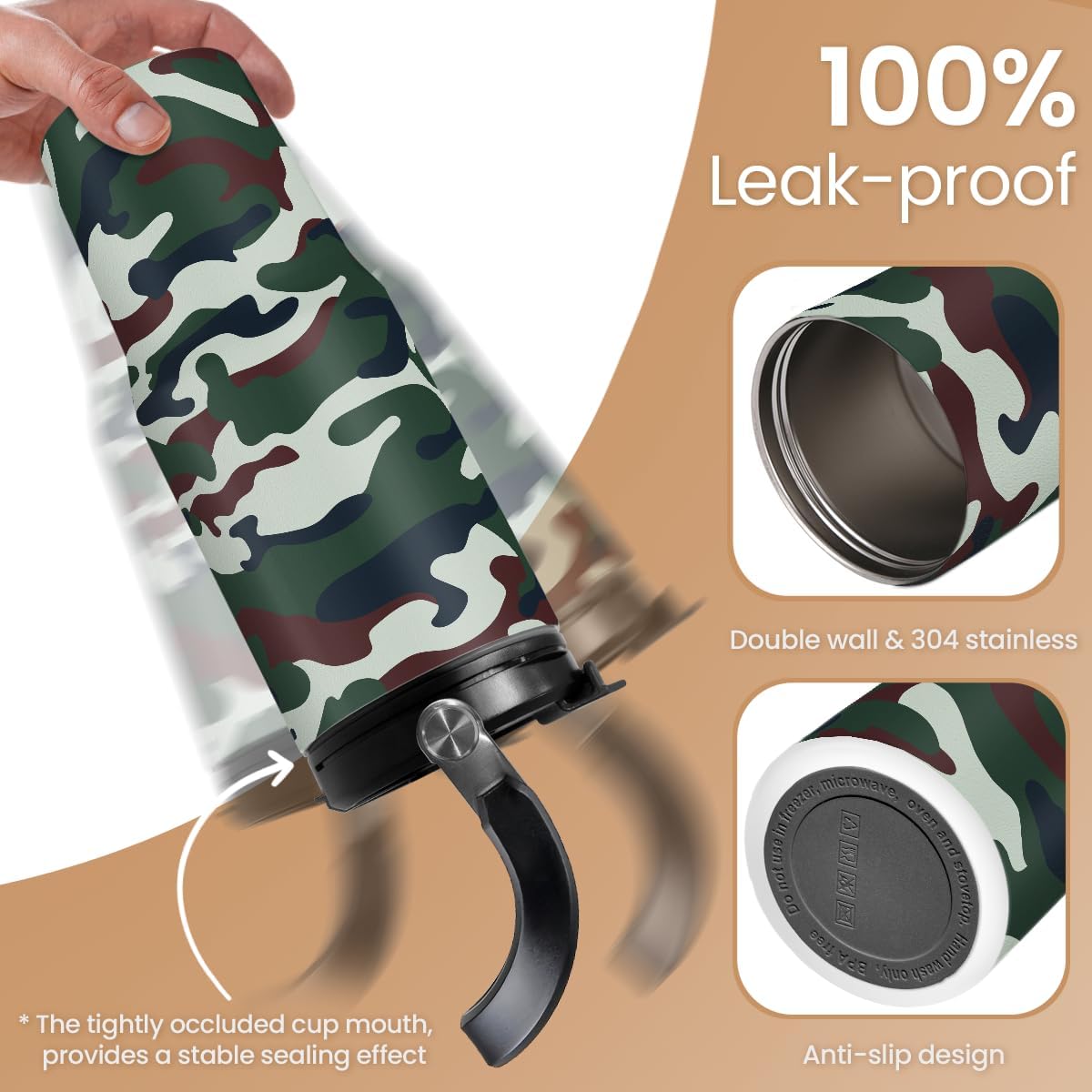 SANDJEST Camo Tumbler with Handle 30oz - Camouflage Tumblers Stainless Steel Insulated Flip Straw Coffee Travel Cup, Gifts for Men Veteran Hunting Lover Sport Outdoor Workout - Image 4