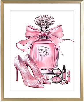heshengzaixian Modern Fashion Prints for Girls Room, Pink Perfume High Heels Wall Art Picture Painting Poster for Women Bedroom Makeup Room Office Set 1,8x10in,No Frame