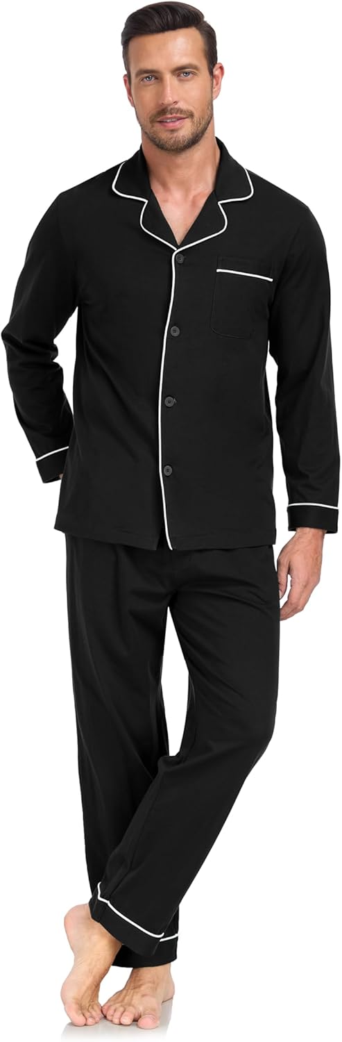 COLORFULLEAF Men's 100% Cotton Pajama Sets Breathable Long Sleeve Pjs Mens Cotton Sleepwear With Pockets - Image 7