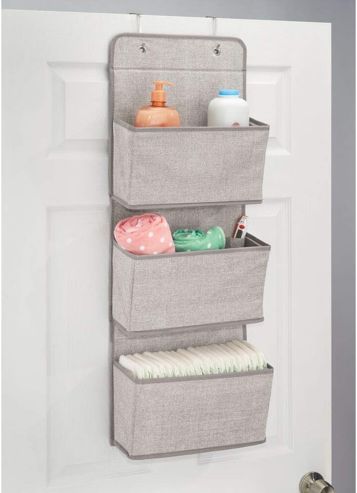 mDesign Soft Fabric Wall Mount/Over Door Hanging Storage Organizer - 3 Large Pockets for Child/Kids Room or Nursery, Hooks Included - Textured Print - Linen/Tan