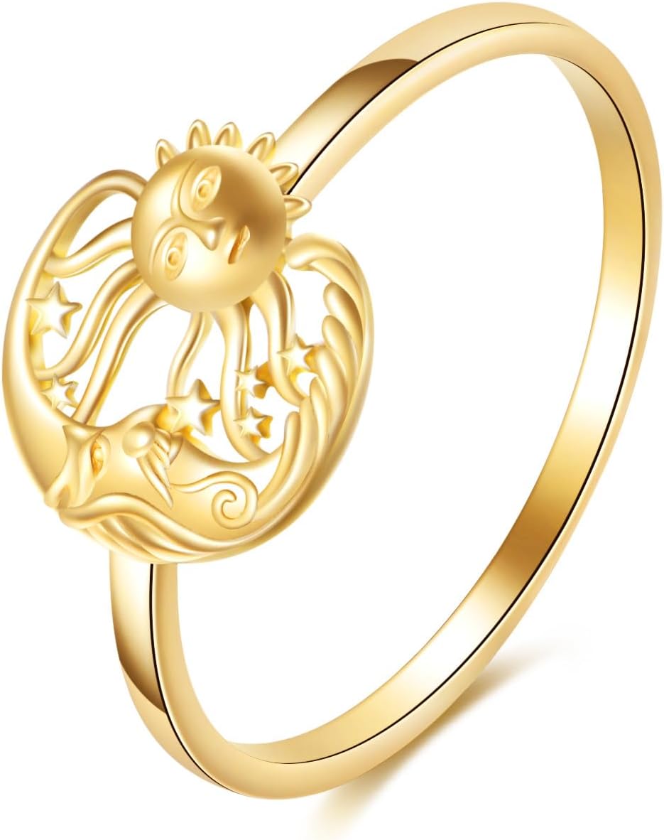 KECHO 14K Solid Gold Sun Moon Star Ring Real Yellow Gold Jewelry Anniversary Birthday Gifts for Women