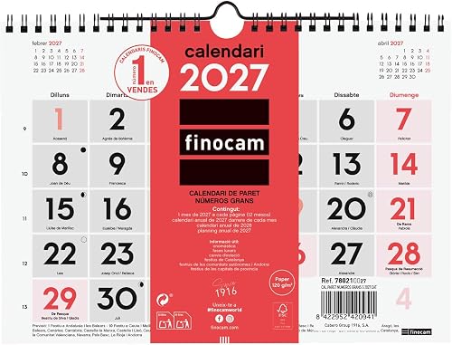 Finocam Calendario de Pared Número Grandes 2027 | Neutro · Idioma: Catalán - Cal