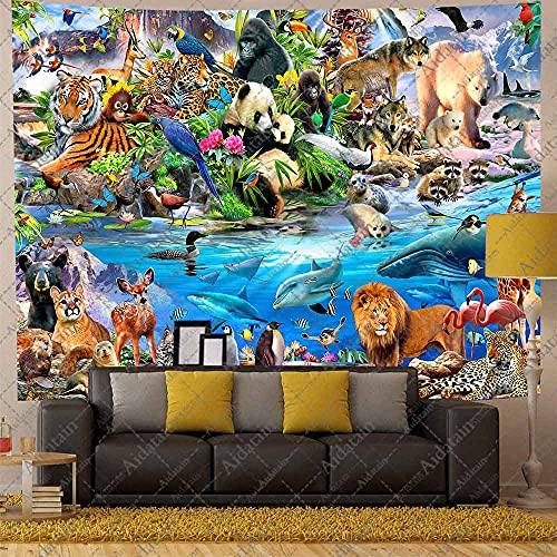 Aidatain Forest Animal Tapestry Tropical Lion Tiger Cheetah Polar Bear Wolf Giant Panda Dolphin Ocean World Tapestry Flannel Large Size 80X 60 Inches Tapestry For Bedroom Living Room Gtlmat182 #TOP3