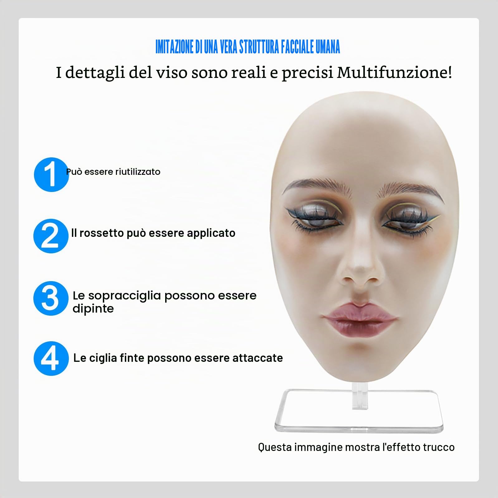 Viso di esercizio per il trucco: testa di esercizio riutilizzabile con supporto, estensione ciglia, manichino testa pratica, per tutto il viso di pittura del viso naturale