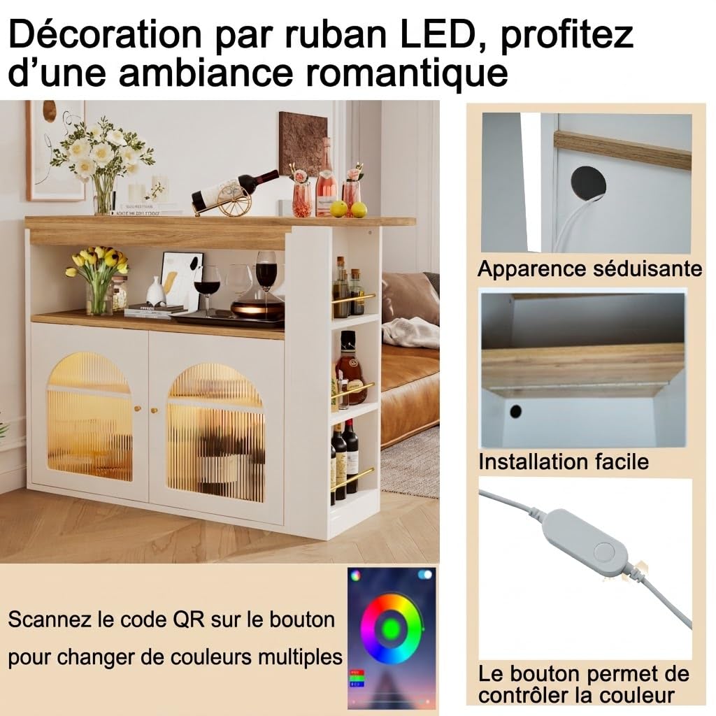 Îlot Central Cuisine avec Plan de Travail Extensible 138-193 cm, Table de Bar Moderne avec Rangement, Bistrot Pivotant à 360°, avec Bande LED 1m (Couleur Réglable), pour Salle à Manger, Blanc