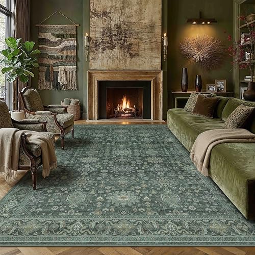 PureCozy Vintage Living Room Rug 200 x 300 cm Green Washable Non Slip Lounge Area Rugs Bedroom Bedside Large Soft Low Pile Carpet Office Dining Rooms Hall Indoor Carpets