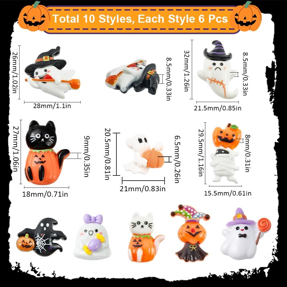 SUNNYCLUE 60Pcs 10 Styles Ghost Resin Charms Halloween Cabochons Bulk Assorted Holiday Ghosts Pumpkins Cats Mummy Witch Hat Spooky Horror Flatback Cabochon for DIY Crafts Jewelry Making Embellishment